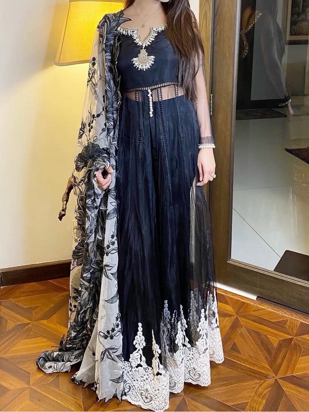 Black Embroidered Maxi dress with White Lace Hem (Indian, Pakistani, desi outfit